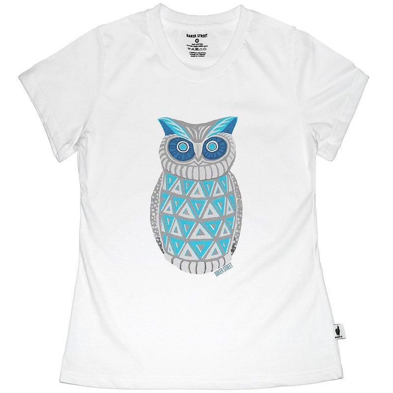 British Fashion Brand -Baker Street- Blue Owl Printed T-shirt - เสื้อยืดผู้หญิง - ผ้าฝ้าย/ผ้าลินิน ขาว