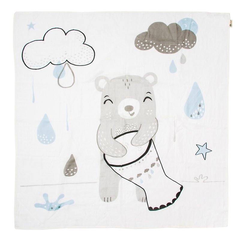棉．麻 哺乳巾 藍色 - 澳洲Kippins有機棉包巾-小熊 Billie MUSLIN WRAP