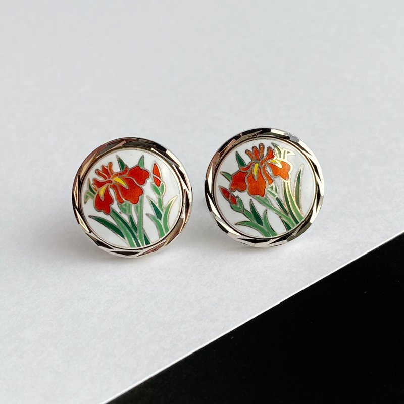 Silver Iris [White] Cloisonne cufflinks (cufflinks) Pure silver metal cloisonne Silver hardware - กระดุมข้อมือ - เงิน ขาว