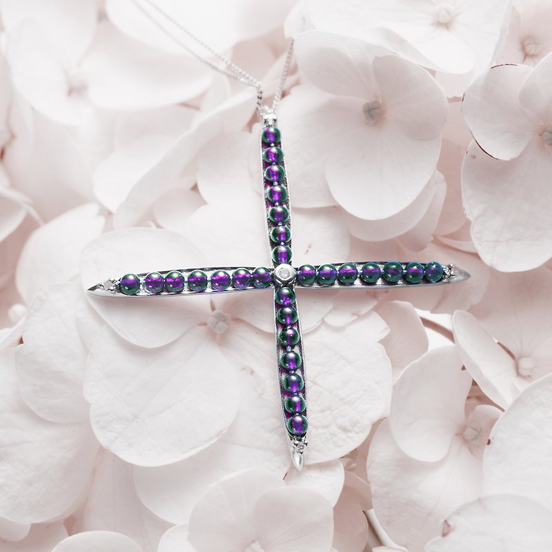 Amethyst Cross Necklace, Amethyst Pendant Bead Jewelry, Sterling silver cross  - Collar Necklaces - Crystal Purple