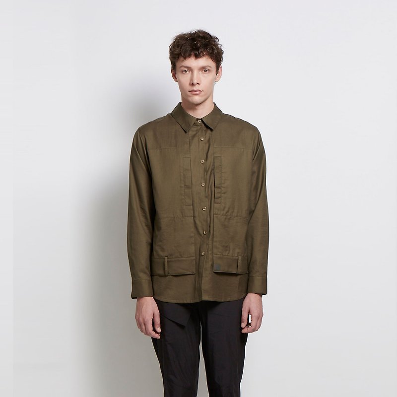 Silly and Unclear - Fake Two-Piece Double Pocket Shirt - Dark Green - Men's Shirts - Cotton & Hemp Green