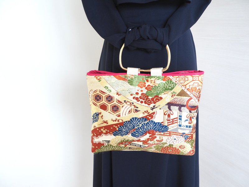 【日本製　ハンドメイド】帯 x 帆布　リメイク　ハンドバッグ　一点物　カラフル　個性的　着物バッグ - 手提包/手提袋 - 絲．絹 多色