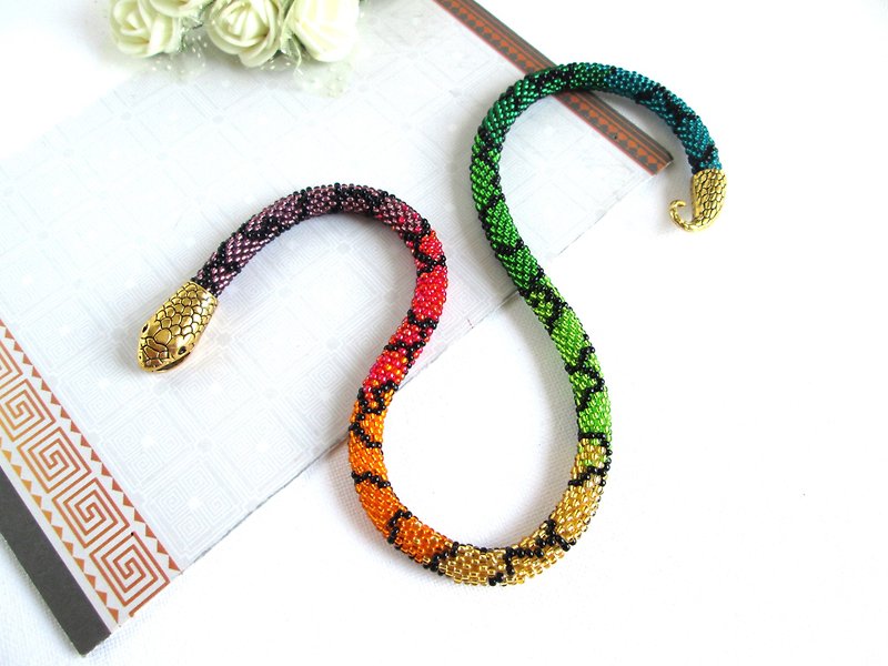 Beaded Snake Necklace bracelet Rainbow colors Forest snake Ouroboros jewelry Ser - Bracelets - Other Materials Multicolor