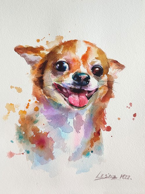 チワワ水彩画カラフルな動物アート小型犬イラストペットアート