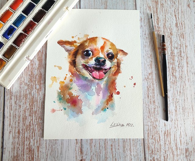 チワワ水彩画カラフルな動物アート小型犬イラストペットアート