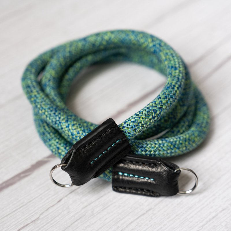 Rope Camera Strap HandMade Flower Green Blue 10mm CSC-FGRB - Camera Straps & Stands - Genuine Leather Green