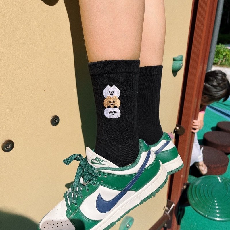 Furry Zoo embroidered mid-calf socks-Sambo Bear - Socks - Cotton & Hemp Black