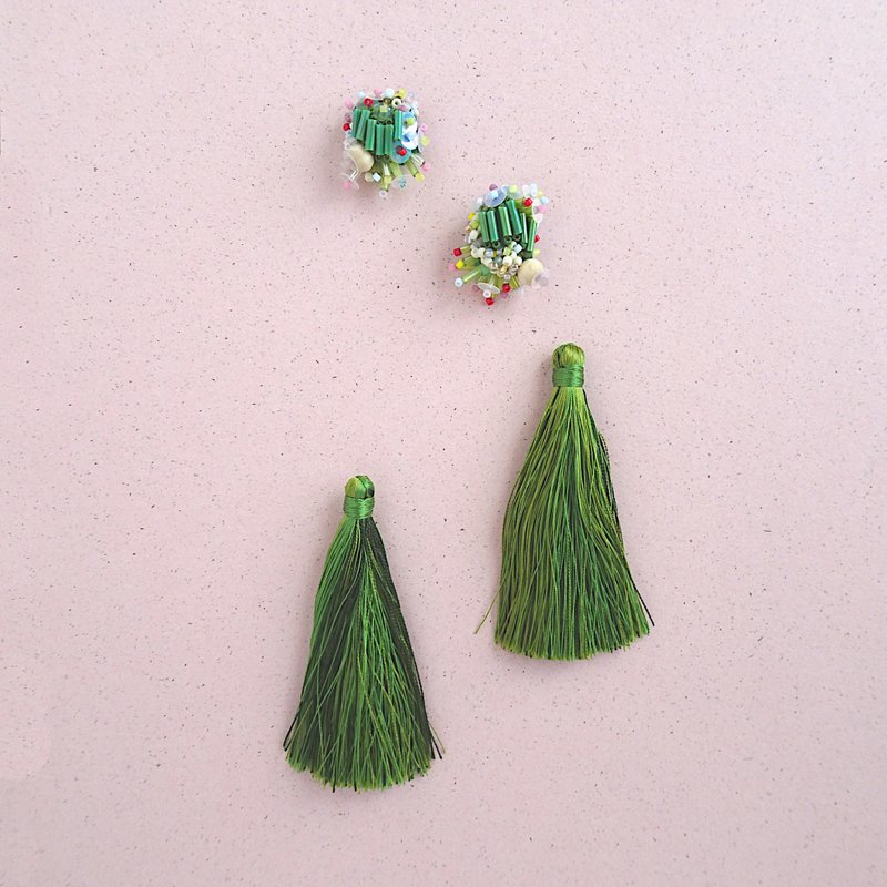 Silk and cotton tassel  with wool and bead embroidery Choice of hardware - Earrings & Clip-ons - Thread Green