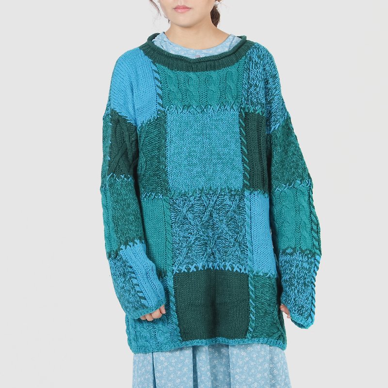 [Egg plant ancient] green algae square cotton and linen blended vintage sweater - สเวตเตอร์ผู้หญิง - ผ้าฝ้าย/ผ้าลินิน สีเขียว