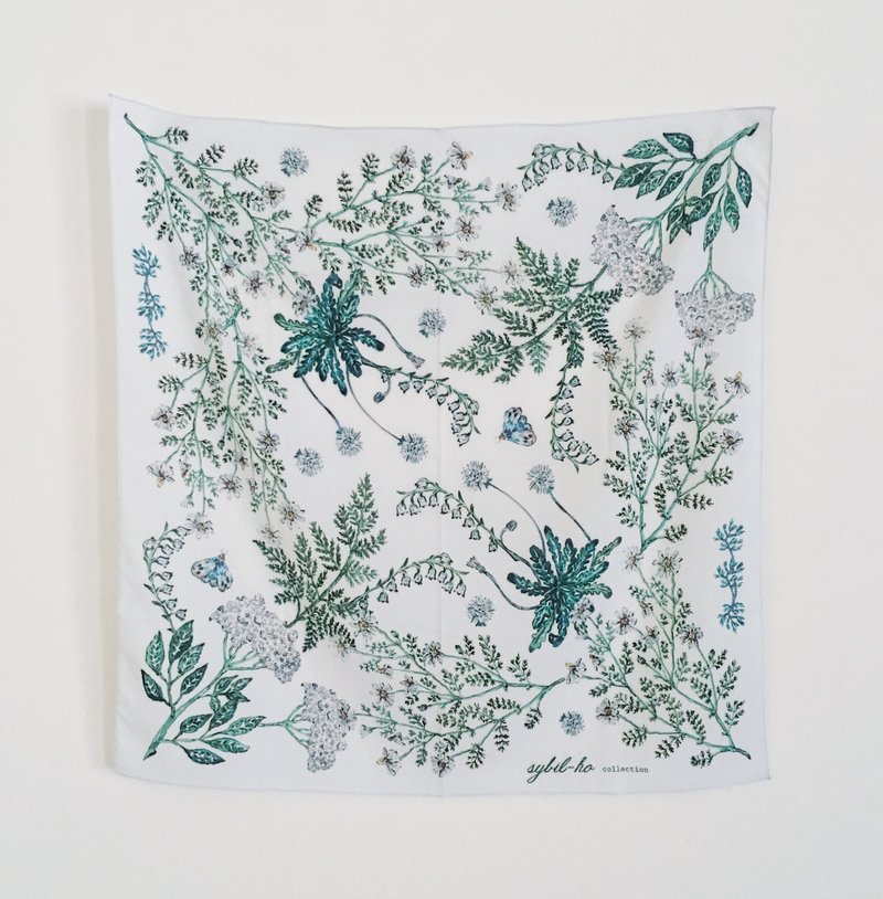 白綠草花 55X55cm 方形絲巾 - 絲巾 - 聚酯纖維 綠色