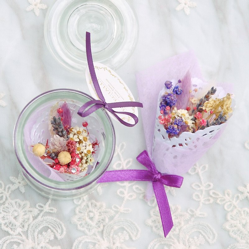 Flower bouquet in a mini bottle-romantic purple wedding small birthday gift graduation gift - Dried Flowers & Bouquets - Plants & Flowers Purple
