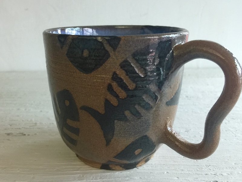 Fish, fish, bones, coffee cup, _ pottery mug - Mugs - Pottery Brown