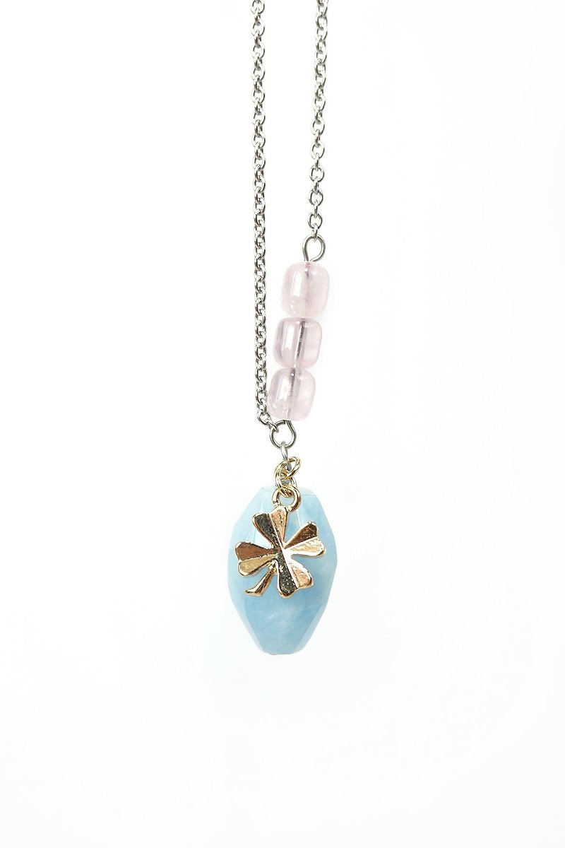 Lucky Aquamarine Necklace with Clover Charm and Rose Quartz Crystal Beads - Necklaces - Gemstone Blue