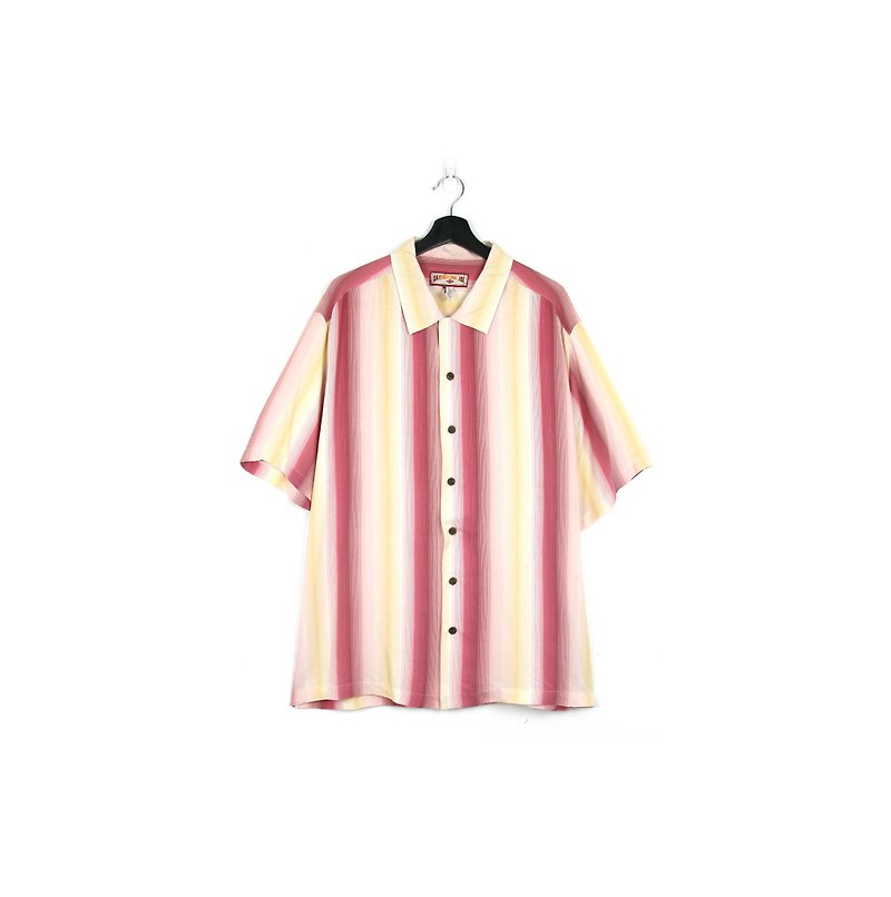 Back to Green- Short-sleeved striped shirt strawberry pudding candy color/vintage shirts - เสื้อเชิ้ตผู้ชาย - ผ้าฝ้าย/ผ้าลินิน 