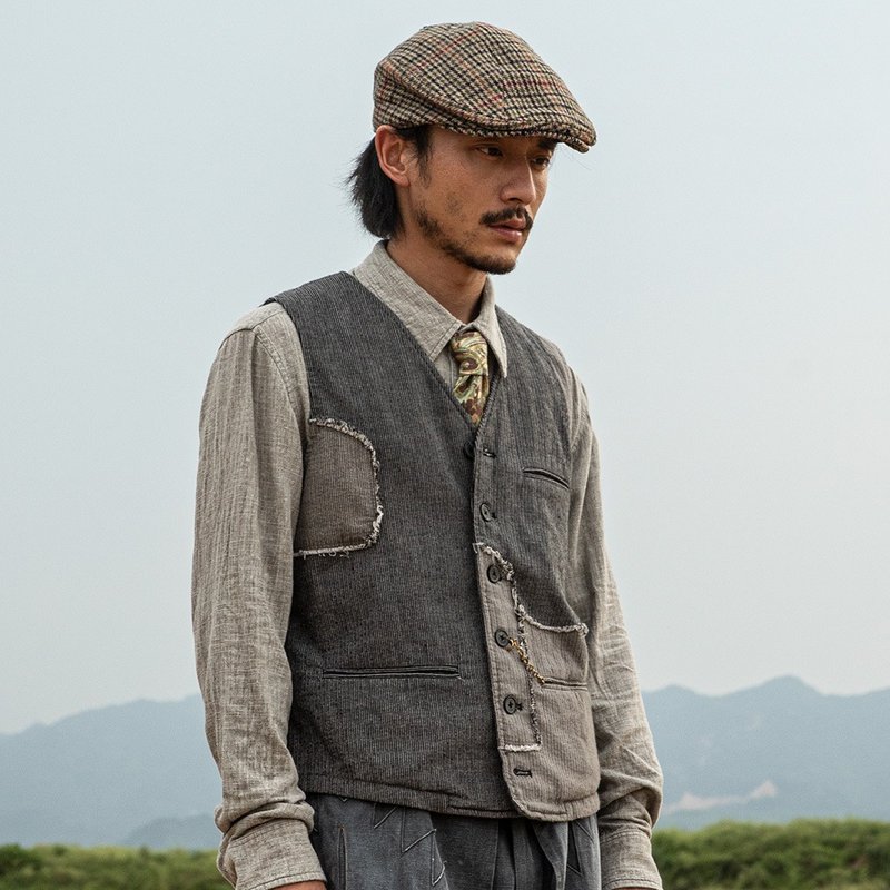 SOARIN純棉抽鬚拼接設計休閒西裝馬甲(213B414) - 男背心 - 棉．麻 灰色