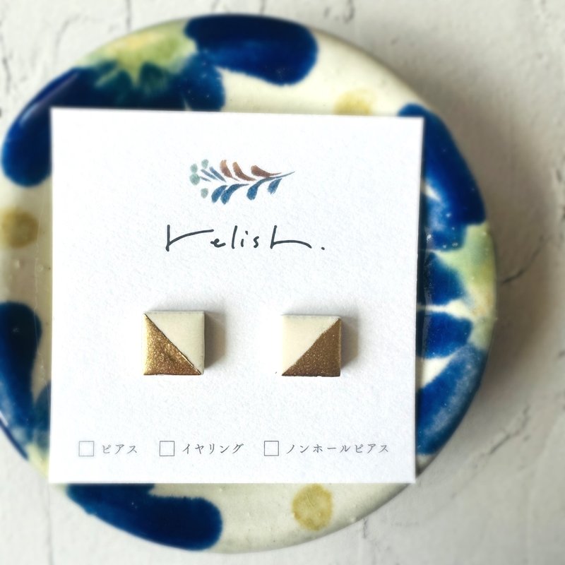 [Resale] White Square Mino Ware Tile Kintsugi Earrings Non-pierced Clip-On Ceramic White Gold Square Gift Present Birthday - Earrings & Clip-ons - Pottery White