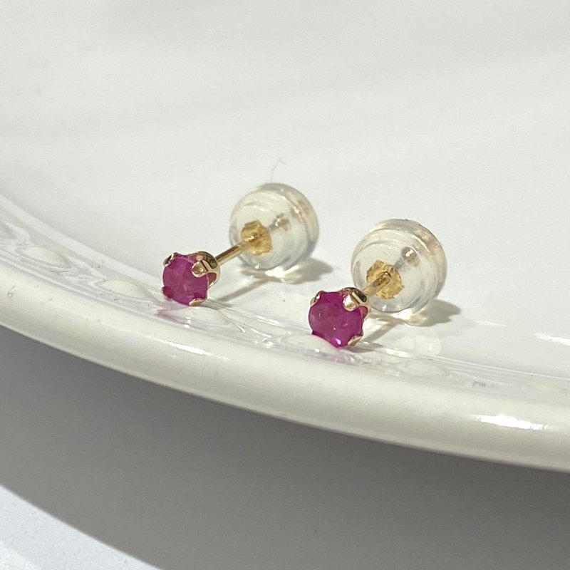 【K14 GOLD RUBY】14金 3mm 立爪 ルビー ピアス 14KP4  7月誕生石 【SOLID GOLD】 - 耳環/耳夾/耳骨夾 - 其他金屬 紅色