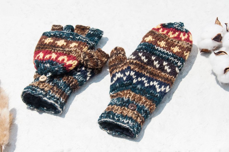 Hand-knitted pure wool knit gloves / detachable gloves / inner bristled gloves / warm gloves - desert starry sky - Gloves & Mittens - Wool Multicolor