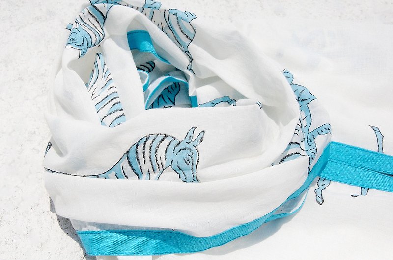 Valentine's Day gift limited hand-woven pure cotton silk scarf / hand-made woodcut printed plant-dyed scarf / vegetable dyed cotton silk scarf-sky blue running zebra hair ball fringe - Scarves - Cotton & Hemp Blue