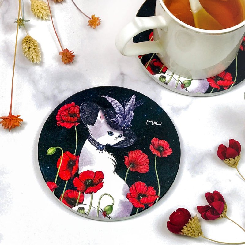 Ceramics | Absorbent Coaster | Hot or Cold-Poppy Beauty Cat - ที่รองแก้ว - เครื่องลายคราม สีดำ