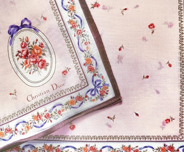 Christian Dior ヴィンテージハンカチ – ピンクローズ＆ユリボーダー
