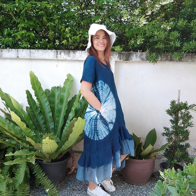 Ruffle Indigo Dress Short front Long back Tie Dyed pattern - One Piece Dresses - Cotton & Hemp Blue