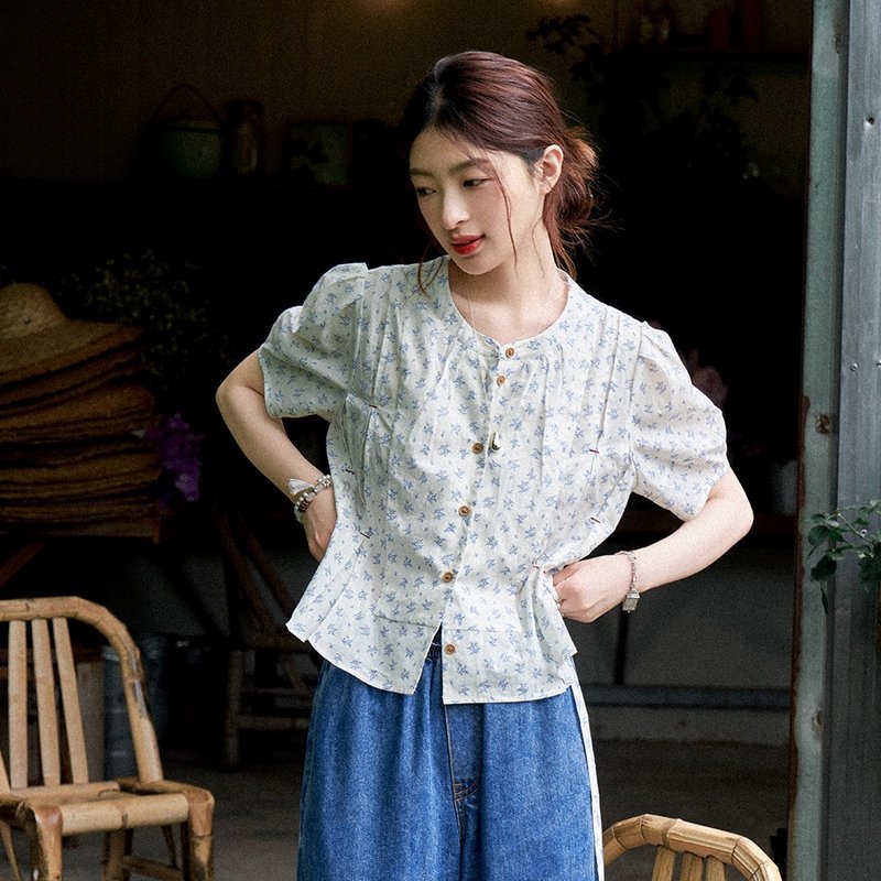 藍薔薇碎花襯衫|襯衫|夏款|Sora-1515 - 女襯衫 - 棉．麻 