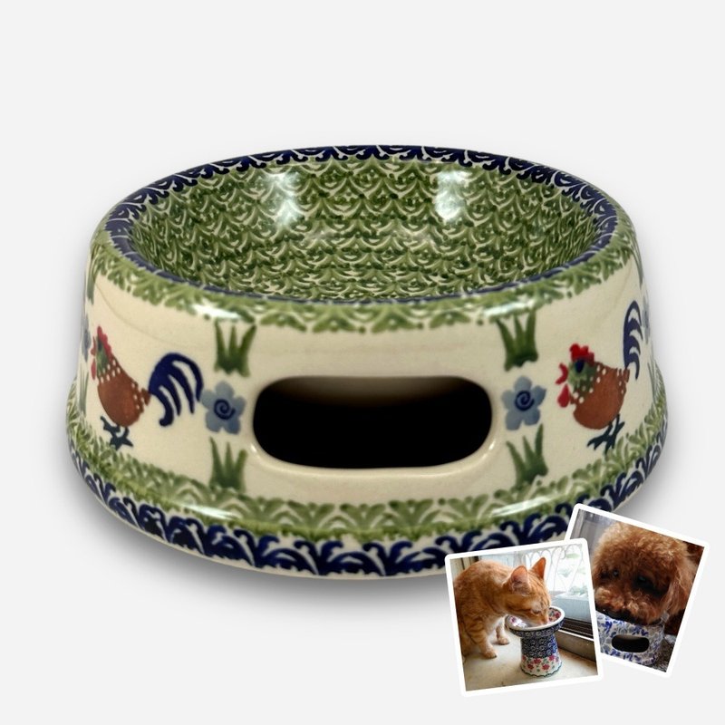 波蘭手繪手工陶-寵物碗 圓形厚底碗 貓咪/中/小型犬適用 17cm - 寵物碗/碗架/自動餵食器 - 陶 多色