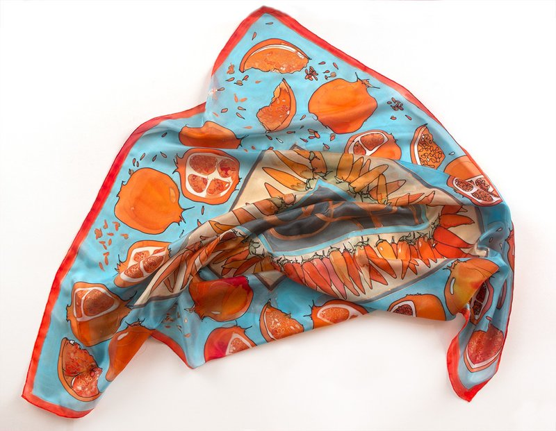 Pomegranates silk scarf/ Square scarf hand painted - ผ้าพันคอ - ผ้าไหม สีแดง