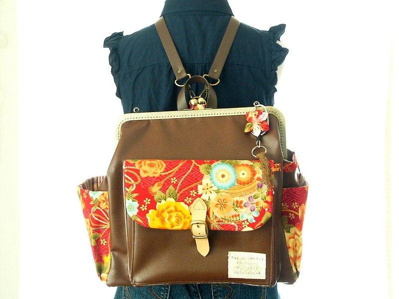 Made in japan 　NADESHIKO　３WAYBackpack　Big size　Japanese pattern　紗綾形花模様 - Backpacks - Genuine Leather Brown