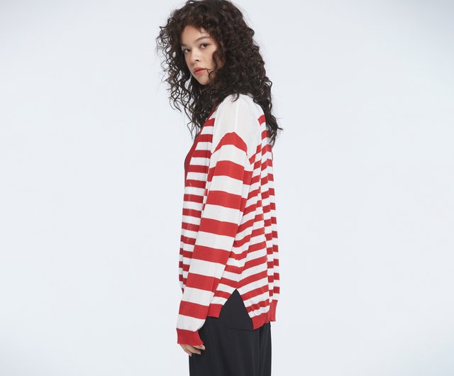 10 MOOn 赤と白のストライプ ニット カーディガン - ショップ