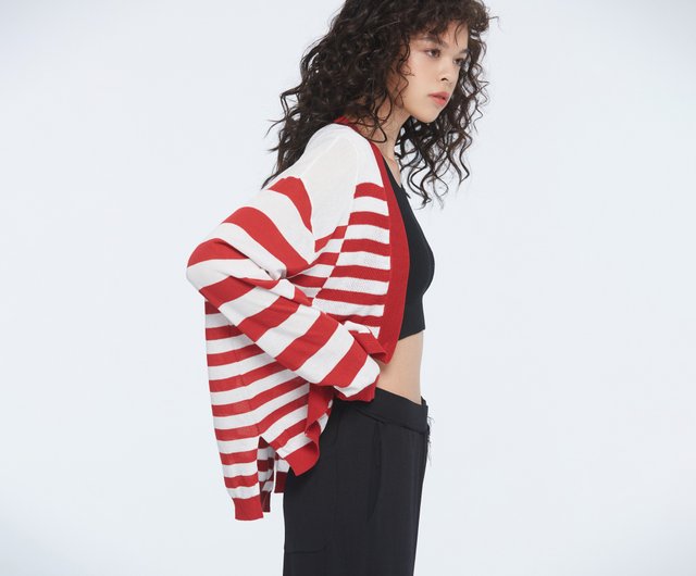 10 MOOn 赤と白のストライプ ニット カーディガン - ショップ