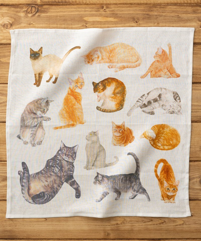 大きめリネンハンカチ キャット ドッグ 43×43cm 1.Cats-A - 其他 - 其他材質 白色