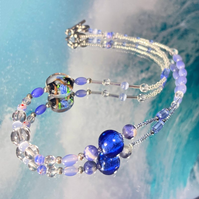 海之系列 - 「藍色浪潮」玻璃工藝心形項鍊 - 項鍊 - 銀 藍色