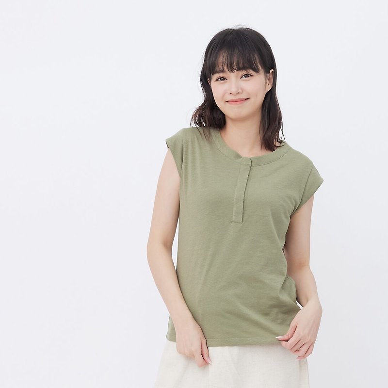 Slub yarn fabric cap sleeve shirt /Green - Women's Tops - Cotton & Hemp Green