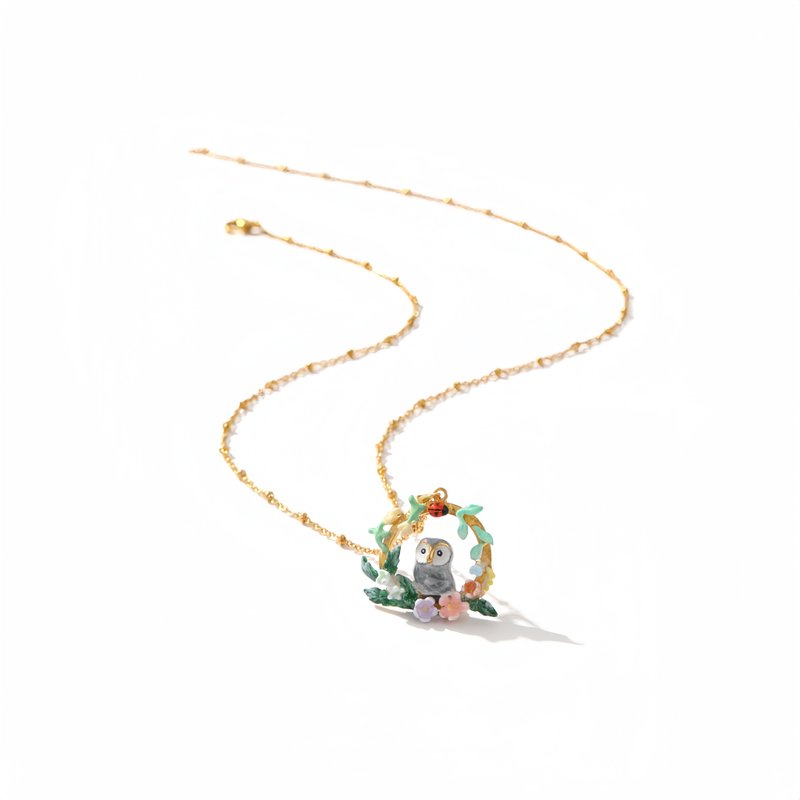 Garden Elf Gray Owl Little Ladybug Painted Enamel Necklace - สร้อยคอ - ทองแดงทองเหลือง 