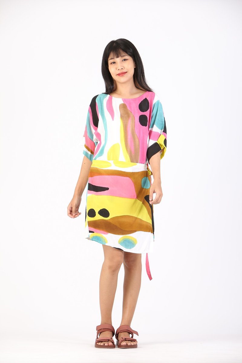 Short Dress Cotton Rayon Hand Paint - 洋裝/連身裙 - 棉．麻 粉紅色
