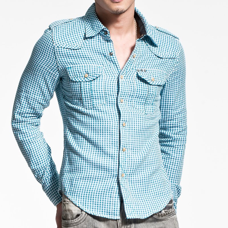 Combed cotton double-layer plaid cloth pyramid stud long-sleeved shirt with stripes on the inner layer - เสื้อเชิ้ตผู้ชาย - ผ้าฝ้าย/ผ้าลินิน 
