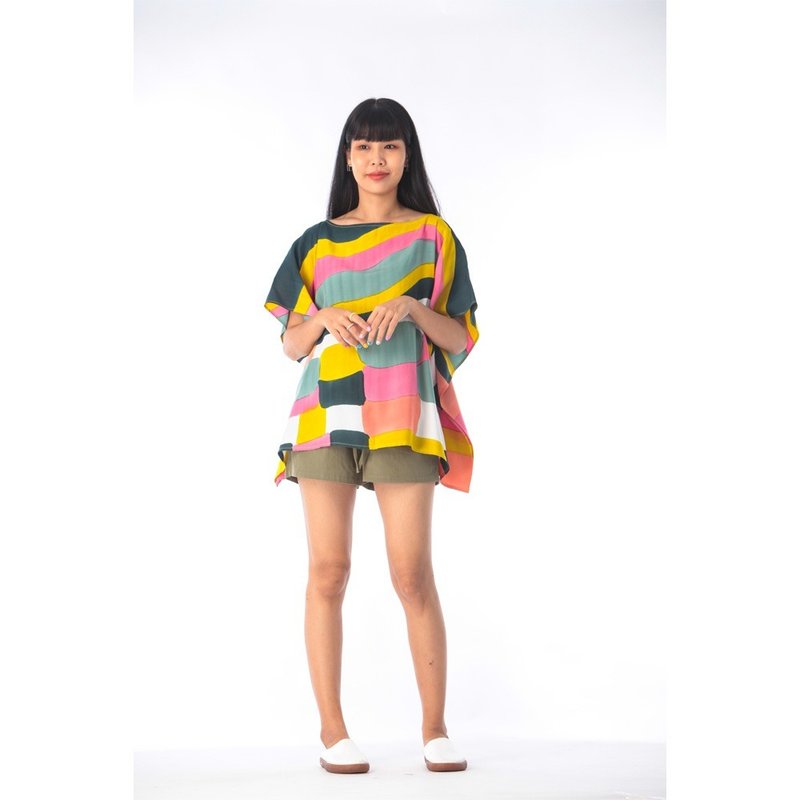 Poncho Blouse Cotton Silk Hand Painted for Summer resort vac - 女上衣/長袖上衣 - 棉．麻 多色