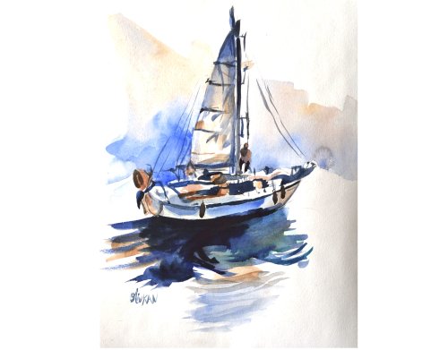 ヨットの絵画オリジナル水彩ヨットアート海景アートワーク - ショップ