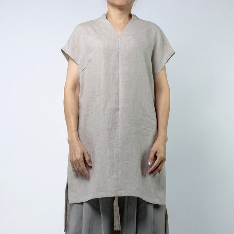 立領長版開衩衫   亞麻 | 雨露 - 女裝上衣 - 亞麻 