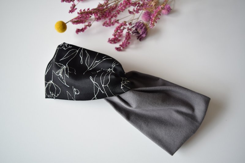 Spring new ! Line  flower pattern x dark gray cross hairband - ที่คาดผม - ผ้าฝ้าย/ผ้าลินิน สีดำ