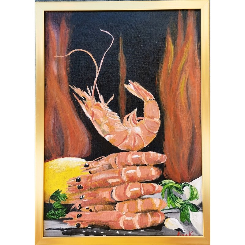 Shrimp Sea Food Original Framed Wall Art Kitchen Painting By RinaArtSK - Wall Décor - Other Materials Multicolor