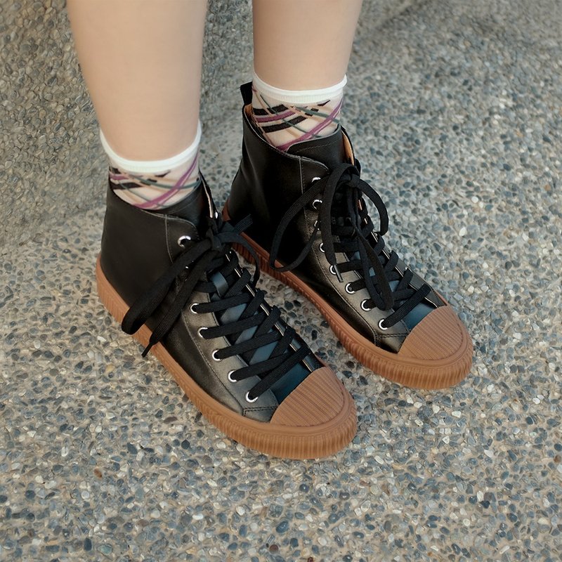 QQ elastic belt! High tube caramel biscuit shoes black full leather [Major Pleasure]-sesame - รองเท้าลำลองผู้หญิง - หนังแท้ สีดำ