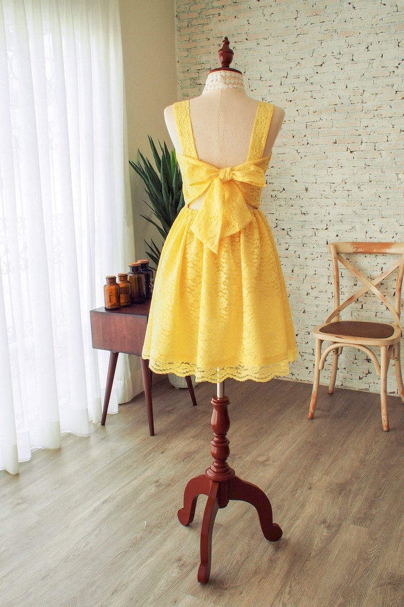 Lace Dress Yellow Dress Backbow Dress Party Prom Summer Dress Vintage Style - 洋裝/連身裙 - 棉．麻 黃色
