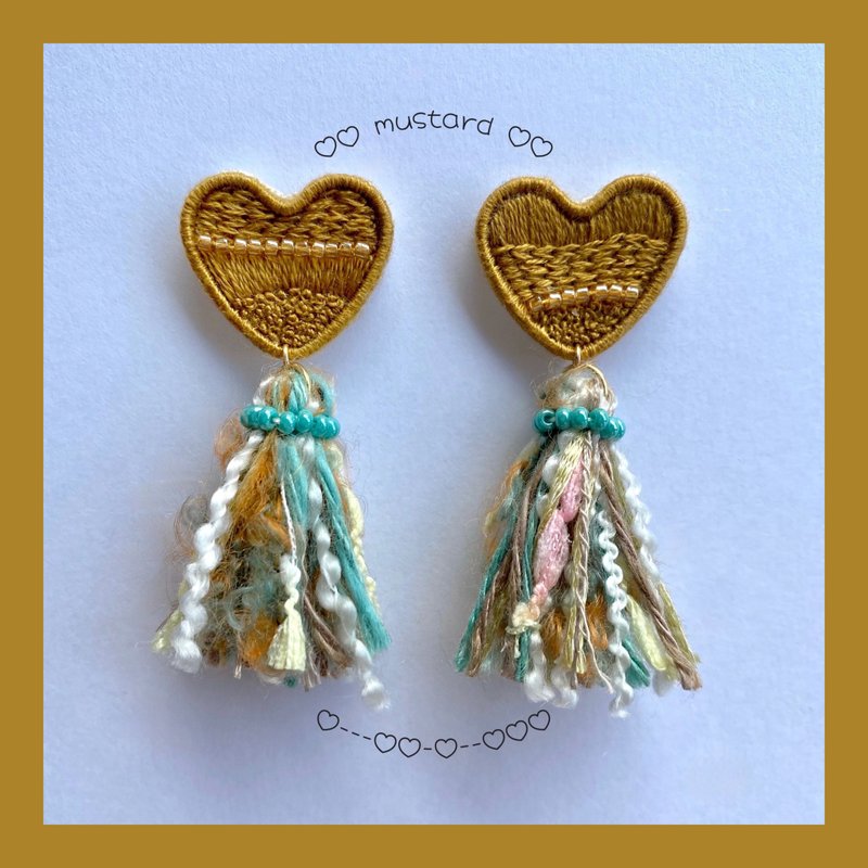 Heart Tassel (Mustard) Embroidered Clip-On - ต่างหู - งานปัก สีเหลือง