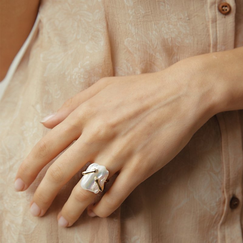 情人擁抱 珍珠戒指 - 戒指 - 純銀 金色