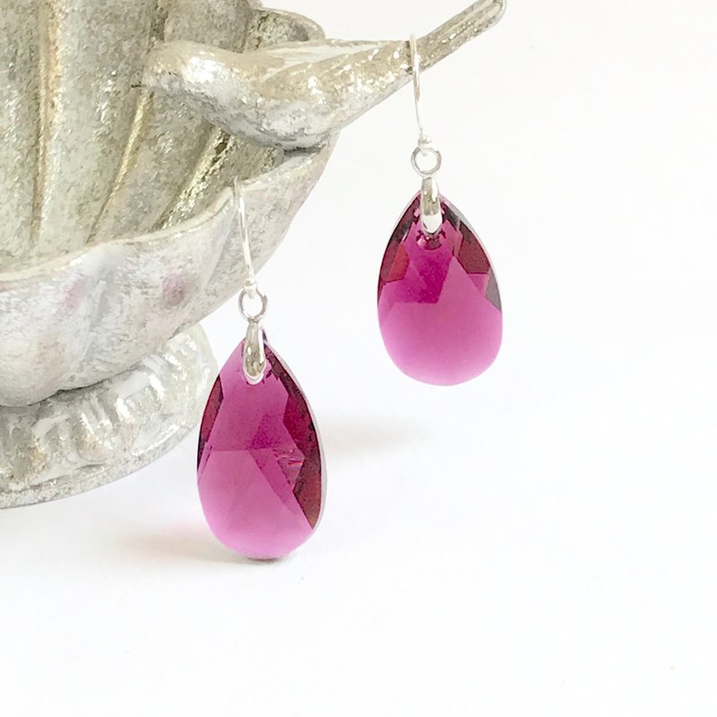 Swarovski ruby 925silver earring - 耳環/耳夾/耳骨夾 - 純銀 粉紅色
