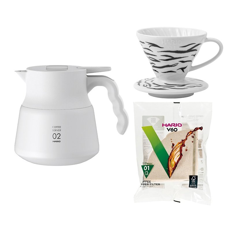 [HARIO] V60 Stainless Steel insulated coffee pot white + limited edition tiger pattern filter cup + filter paper - เครื่องทำกาแฟ - สแตนเลส สีดำ