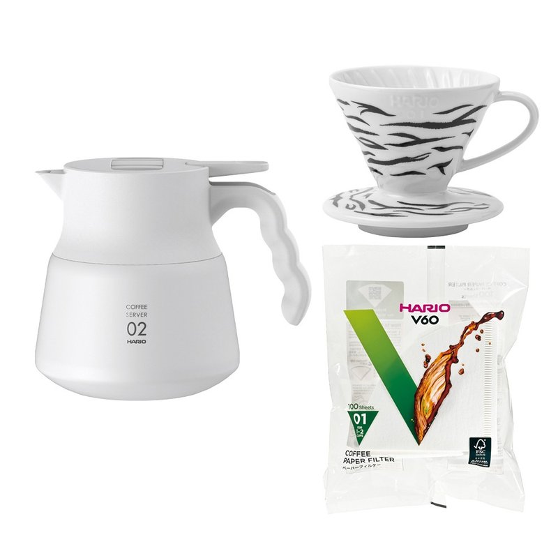 【HARIO】V60不鏽鋼保溫咖啡壺白色+限量虎紋濾杯+濾紙 - 咖啡壺/手沖壺 - 不鏽鋼 黑色